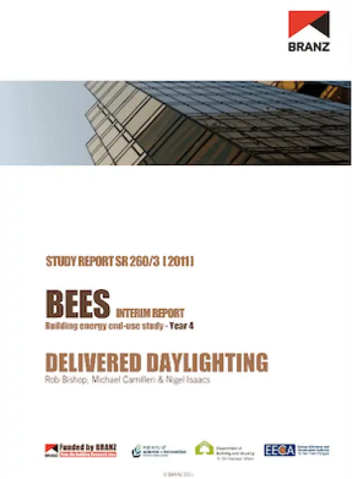 image of the front page of BEES INTERIM REPORT Building energy end-use study - Year 4  Delivered daylighting, contains and image of a worms eye view of the side of a glass tower