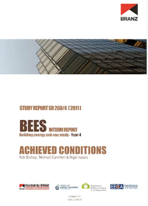 image of the front page of BEES INTERr 4  IM REPORT Building energy end-use study - Year 4 achieved conditions, contains and image of a worms eye view of the side of a glass tower