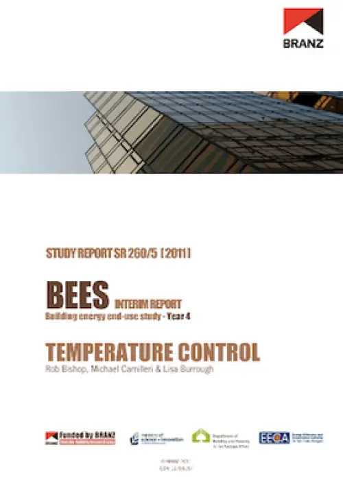 image of the front page of BEES INTERIM REPORT Building energy end-use study - Year 4  Temperature control, contains and image of a worms eye view of the side of a glass tower