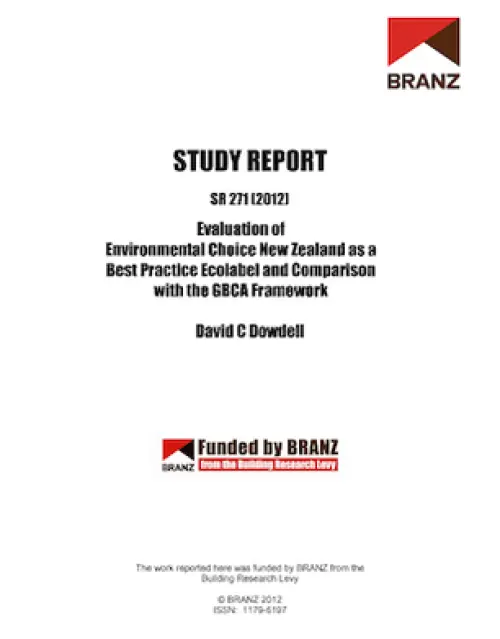 Cover page of a BRANZ study report titled ‘Evaluation of Environmental Choice New Zealand as a Best Practice Ecolabel and Comparison with the GBCA Framework’