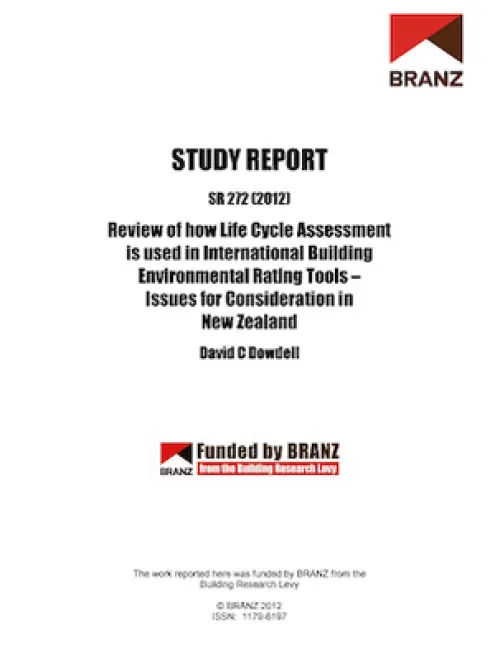 Cover page of a BRANZ study report titled ‘Review of how Life Cycle Assessment is used in International Building Environmental Rating Tools – Issues for Consideration in New Zealand’