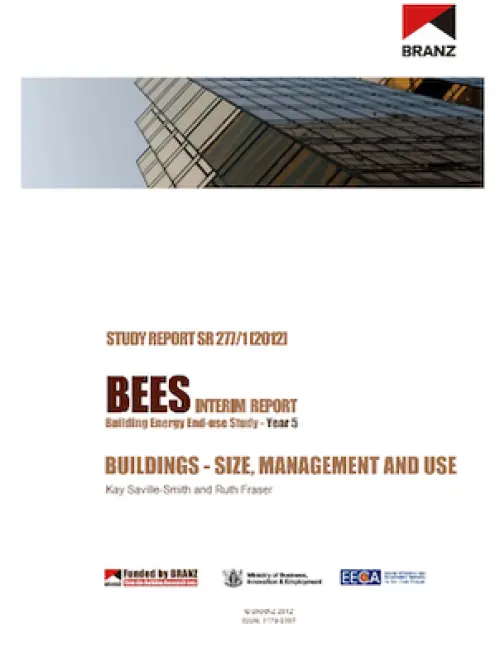 image of the front page of BEES INTERIM REPORT Building energy end-use study - Year 4  Buildings - size, management and use, contains and image of a worms eye view of the side of a glass tower