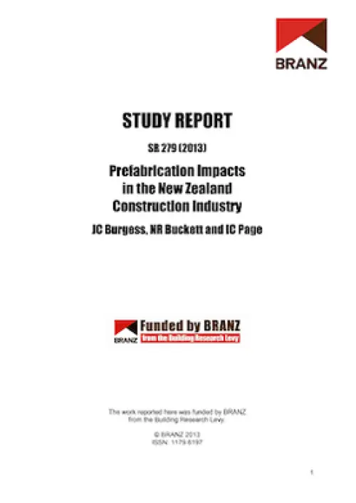 Cover page of a BRANZ study report titled ‘Prefabrication Impacts in the New Zealand Construction Industry’