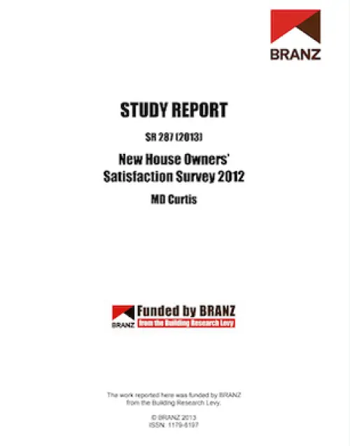Cover page of a BRANZ study report titled ‘New House Owners’ Satisfaction Survey 2012’