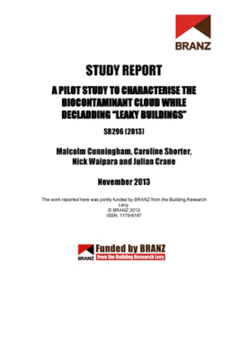Cover page of a BRANZ study report titled ‘A Pilot Study to Characterise the Production and Indoor While Deleading “Leaky Buildings”’