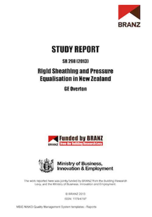 Cover page of a BRANZ study report titled ‘Rigid Sheathing and Pressure Equalisation in New Zealand’