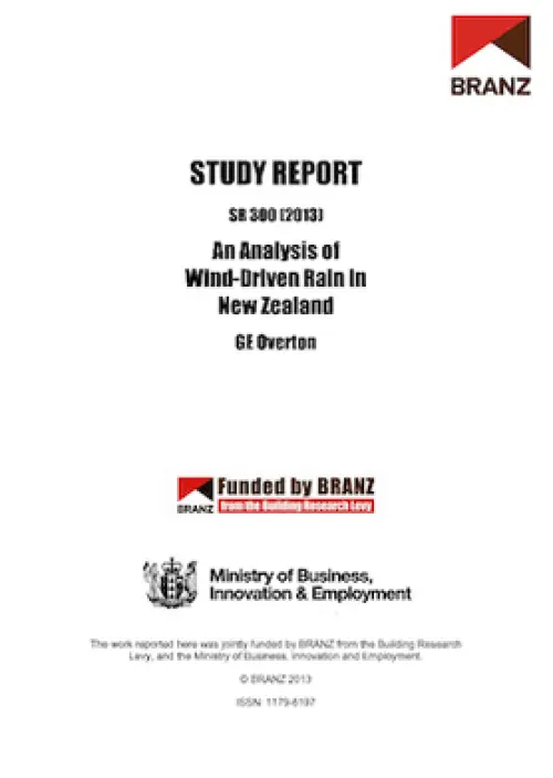 Cover page of a BRANZ study report titled ‘An Analysis of Wind‑Driven Rain in New Zealand’