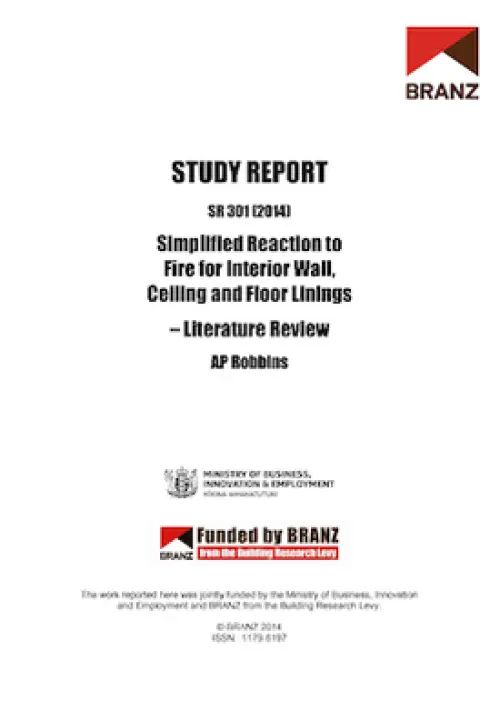 Cover page of a BRANZ study report titled ‘Simplified Reaction to Fire for Interior Wall, Ceiling and Floor Linings – Literature Review’
