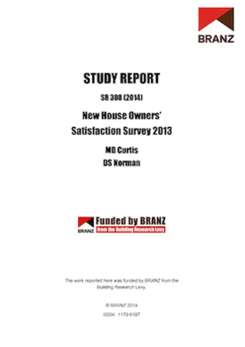 Cover page of a BRANZ study report titled ‘New House Owners’ Satisfaction Survey 2013’