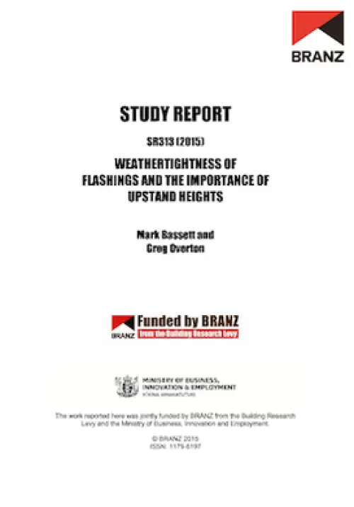 Cover page of a BRANZ study report titled ‘Weathertightness of Flashings and the Importance of Upstand Heights’