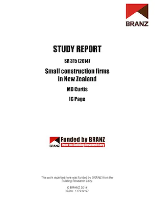Cover page of a BRANZ study report titled ‘Small construction firms in New Zealand’
