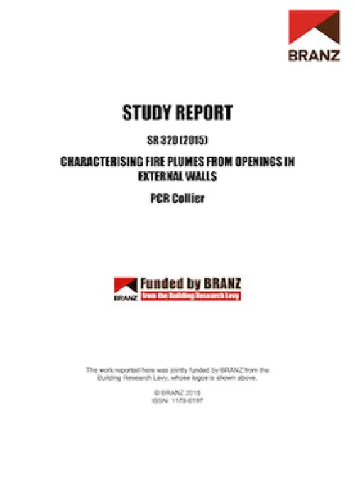 Cover page of a BRANZ study report titled ‘Characterising Fire Plumes from Openings in External Walls’