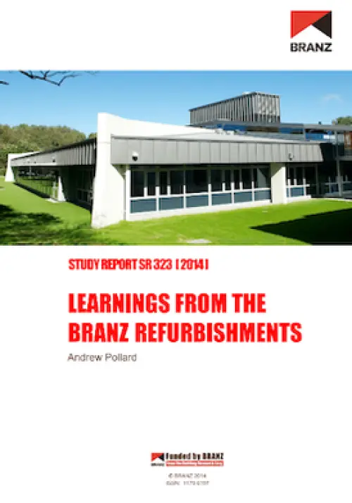 Cover page of a BRANZ study report titled ‘Learnings from the BRANZ Refurbishments’, featuring a photo of the BRANZ building