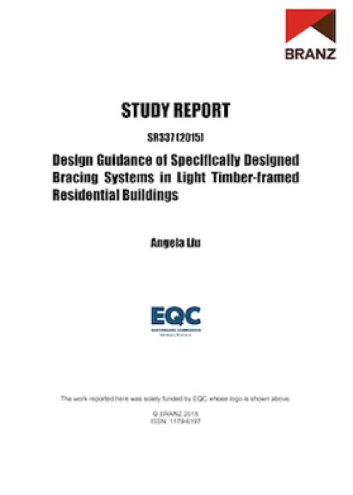 Cover page of a BRANZ study report titled ‘Design Guidance of Specifically Designed Bracing Systems in Light Timber‑framed Residential Buildings’
