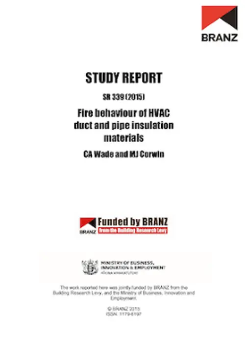 Cover page of a BRANZ study report titled ‘Fire behaviour of HVAC duct and pipe insulation materials’