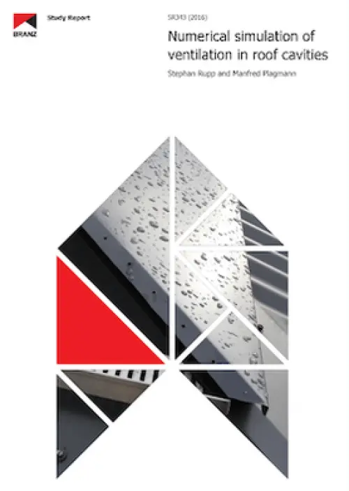 Cover page of a BRANZ study report titled ‘Numerical simulation of ventilation in roof cavities’, with a geometric house graphic