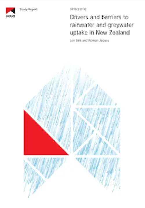 image of the front page of Drivers and barriers to rainwater and greywater uptake in New Zealand, contains stylized image of rain
