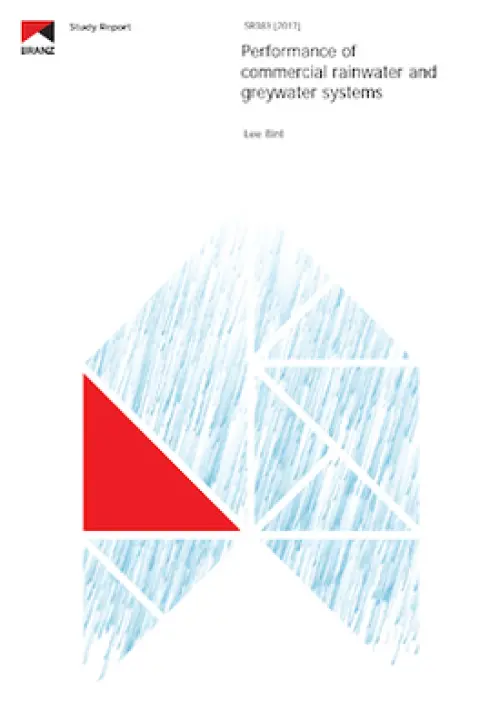 image of the front page of Performance of commercial rainwater and greywater systems, contains stylized image of rain