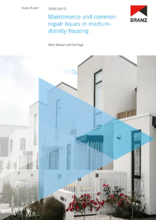 image of the front page of Maintenance and common repair issues in medium-density housing, contains image of a row of identical white houses