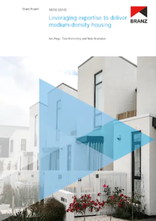 image of the front page of Leveraging expertise to deliver medium-density housing, contains image of a row of identical white houses