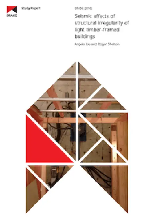 image of the front page of Seismic effects of structural irregularity of light timber-framed buildings, contains image of a timber frame in a testing environment