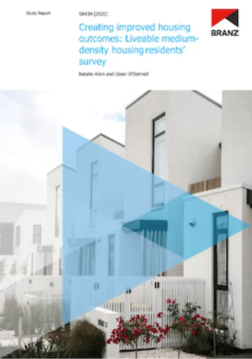 Cover page of a BRANZ study report titled ‘Creating improved housing outcomes: Liveable medium‑density housing residents’ survey’