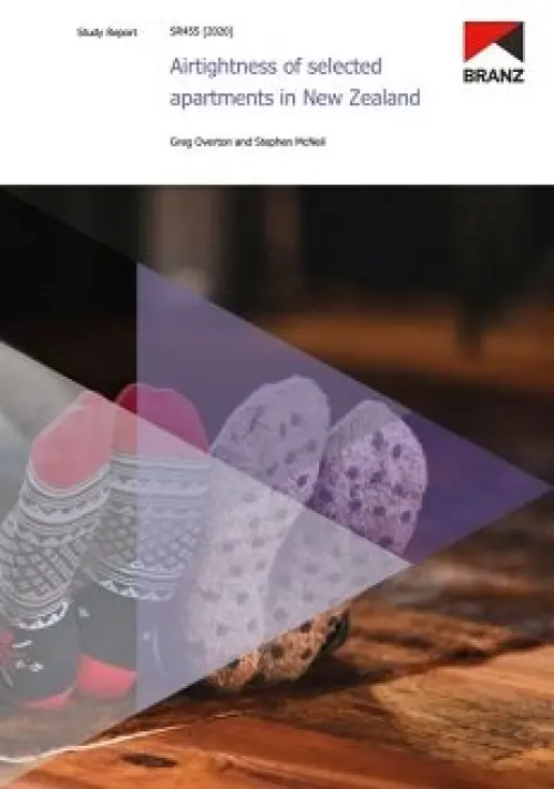 image of the front page of Airtightness of selected apartments in New Zealand, contains image of two pairs of feet with socks on