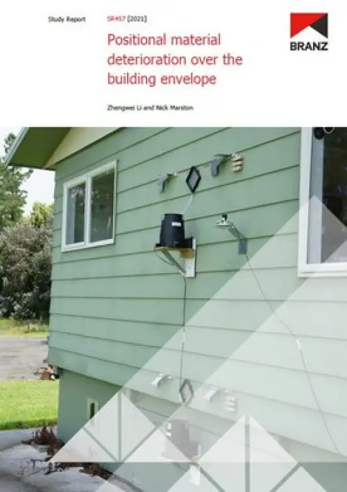 Cover page of a BRANZ study report titled ‘Positional material deterioration over the building envelope’ with a photo of a house exterior