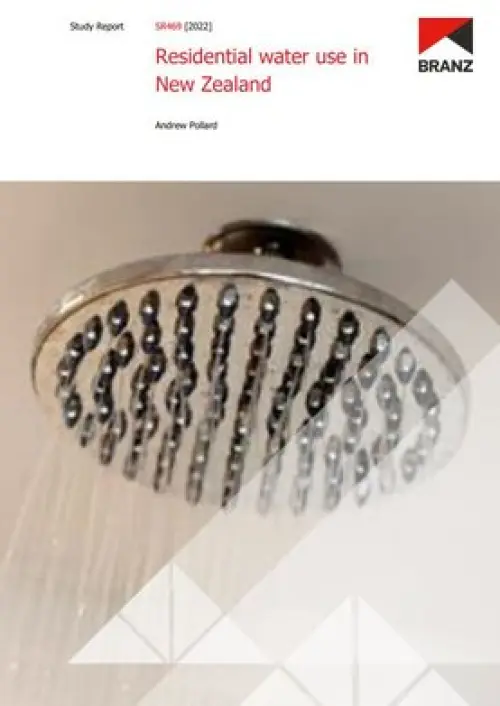 image of the front page of Residential water use in New Zealand, contains image of shower head