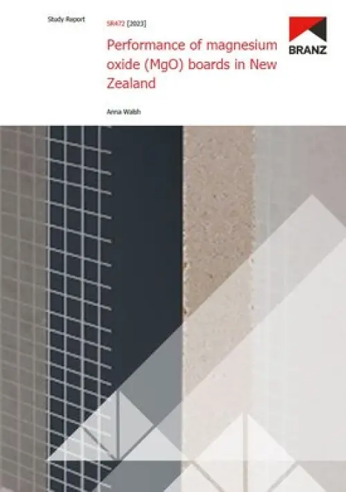 Cover page of a BRANZ study report on the performance of magnesium oxide boards in New Zealand, contains an image of various materials