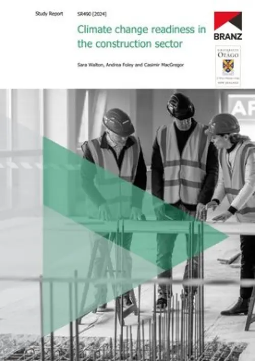 image of the front page of Climate change readiness in the construction sector, contains photo of builders talking on site