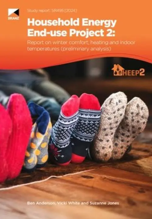 image of the front page of Household Energy End-use Project 2 Report on winter comfort, heating and indoor temperatures (preliminary analysis), contains image of multiple sets of feat with socks on