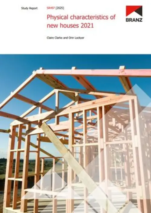 image of the front page of Physical characteristics of new houses 2021, contains image of the wooden frames of a house