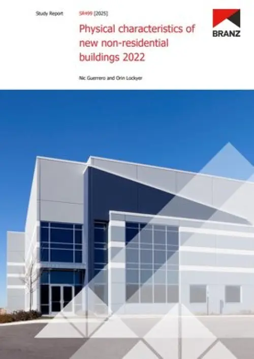 image of the front page of Physical characteristics of new non-residential buildings 2022, contains image of a large building