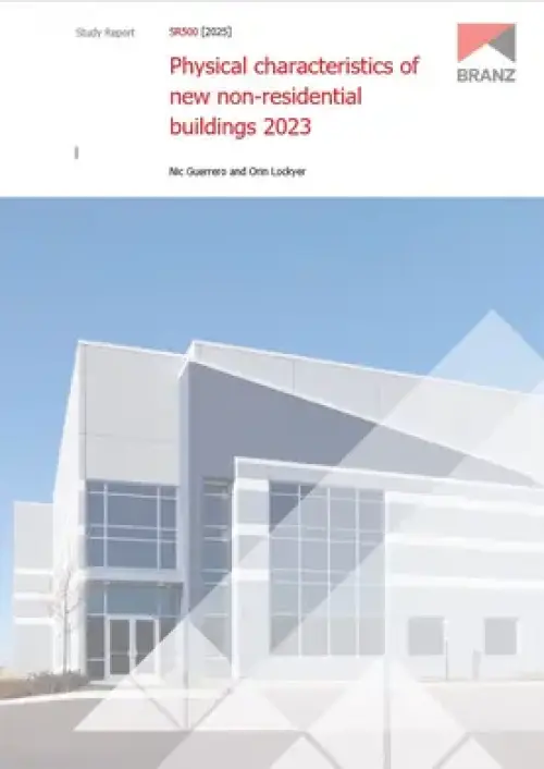image of the front page of Physical characteristics of new non-residential buildings 2023, contains image of a large building