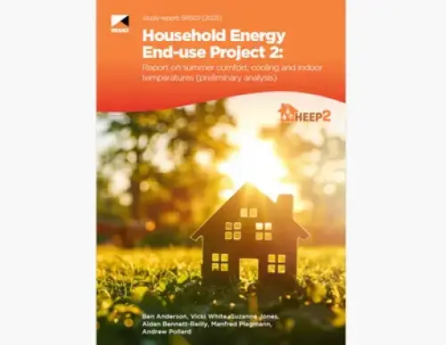 image of the front page of HEEP2: Report on summer comfort, cooling and indoor temperatures (preliminary analysis), contains image of a small house facade on a grassy feild during sundown