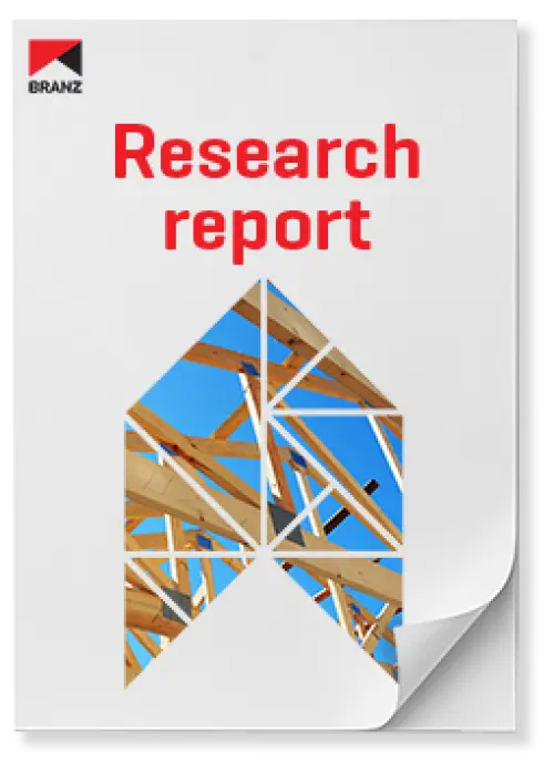 image of the front page of a BRANZ research report, contains timber building frame imagery