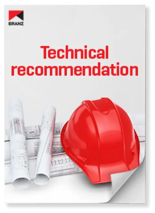 Image of Technical Recommendation front page, contains a red hard hat and building plans