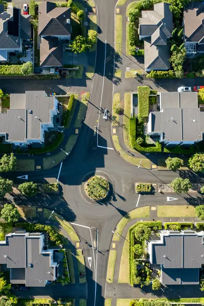 An aerial view of a series of medium density houses